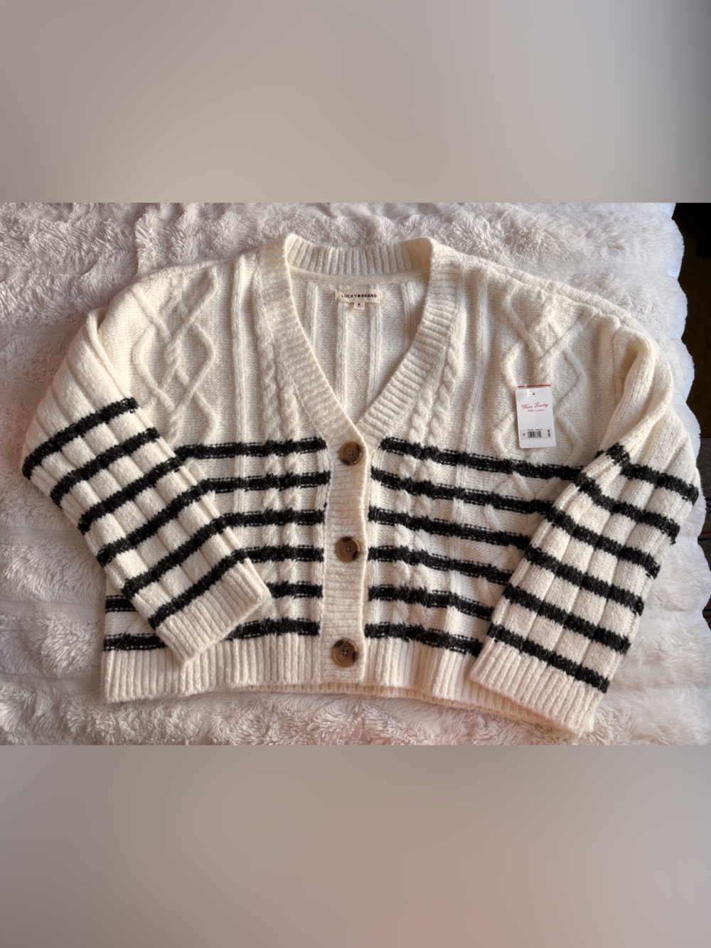 Lucky Brand Cream Cardigan with Black Stripes